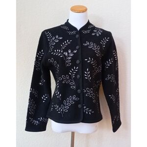 CoVelo black and white boiled wool lazer cut leaf cardigan sweater jacket